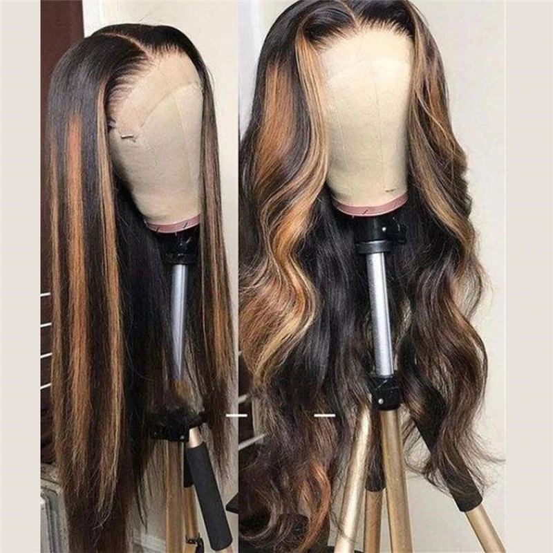 Human Hair Brown Ombre Highlight HD Light Brown  Lace Front Wig