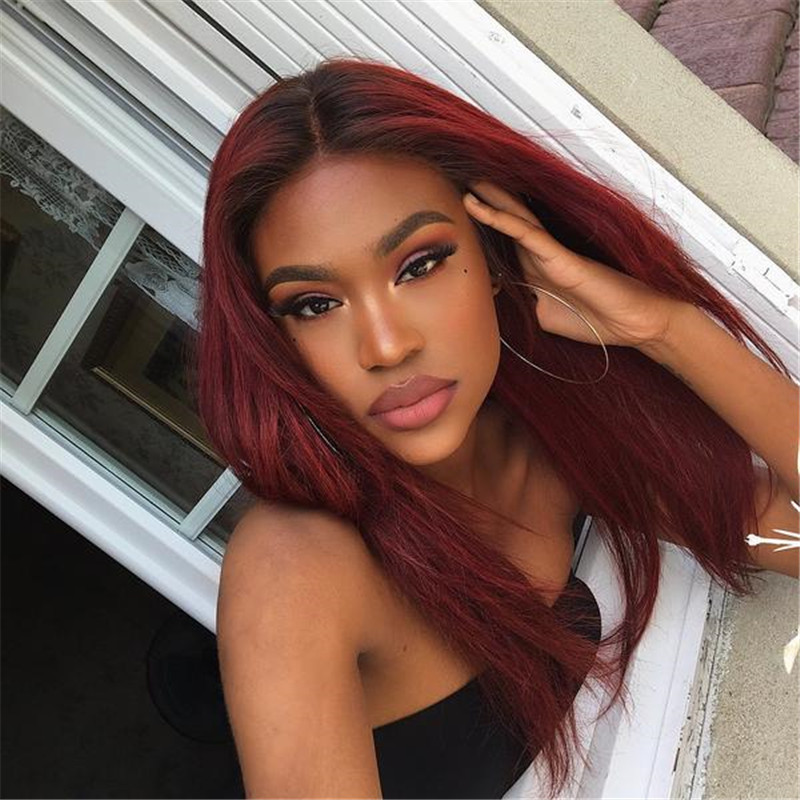 Peruvian Hair Brick Red Wtih Dark Root Straight Lace Front Wigs