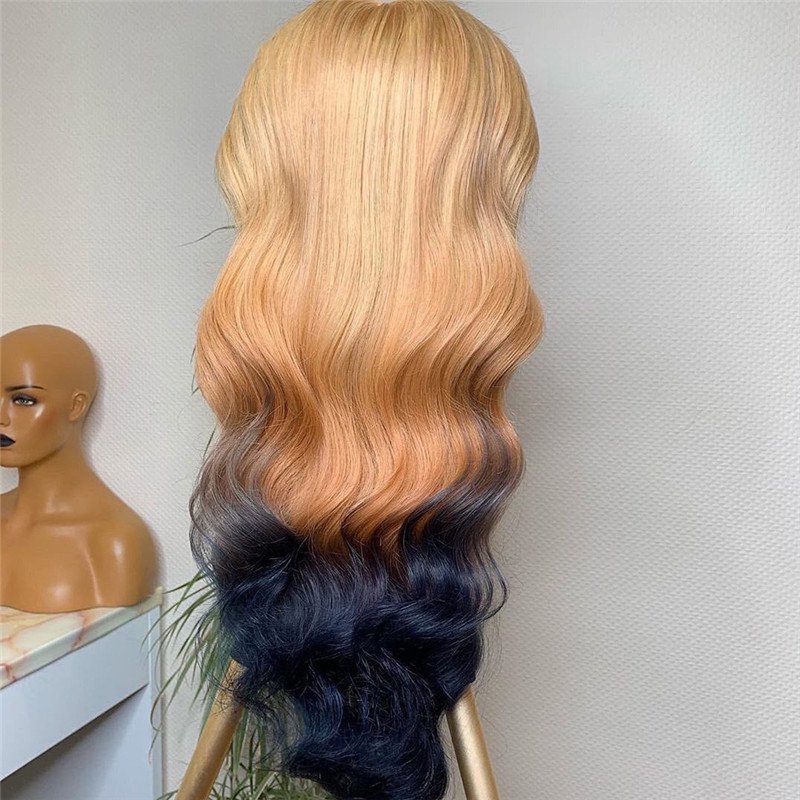 150% Density Body Wave #27 Honey Blonde Dark Blue Colored Human Hair Wigs For Women Brazilian Remy Hair Transparent Lace Wigs