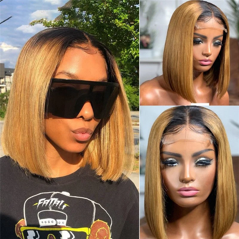 Short Bob T1b/27 Honey Blonde Lace Front Wigs For Women Brazilian Ombre bob Human Hair Wig Pre Plucked Straight Bob Colored Wig