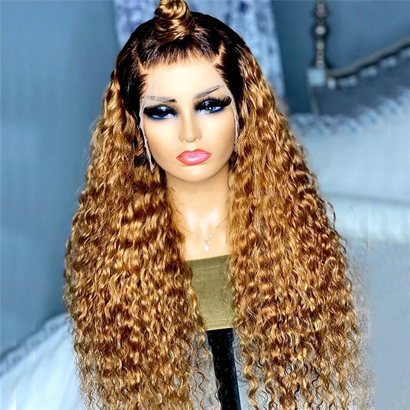 Honey Blonde Human Hair Wigs 13x4 Ombre Colored Curly Lace Front Human Hair Wigs Brazilian Remy Hair Highlight Wig