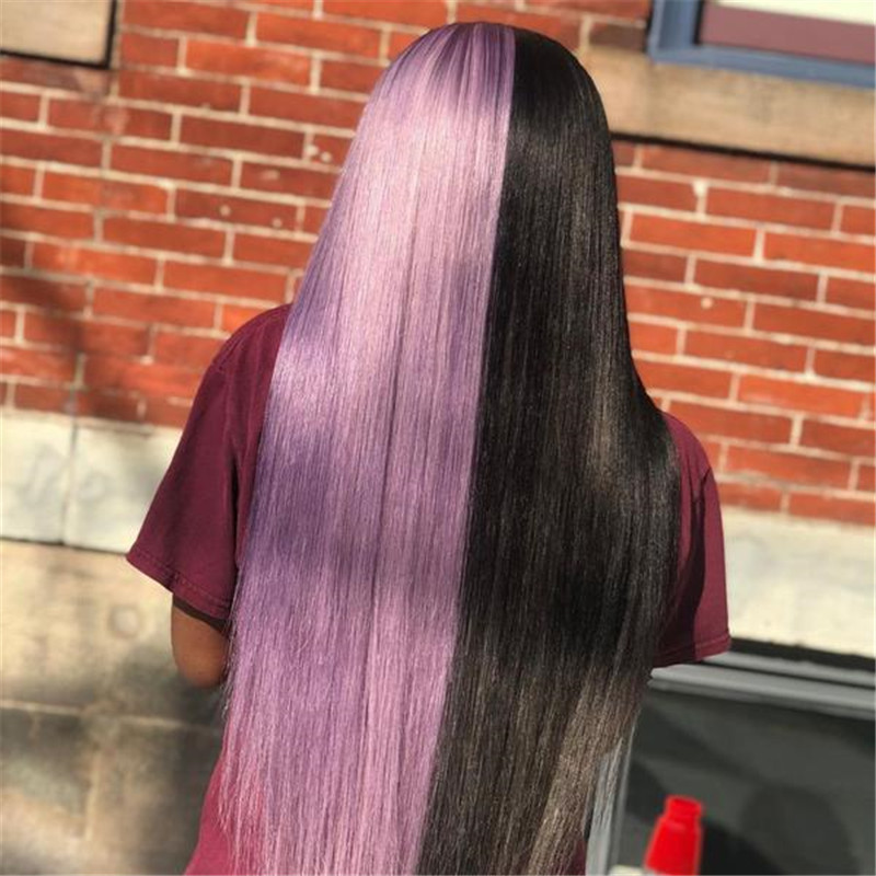 Peruvian Hair Half Black Half Lavender Purple Lace Front Wig