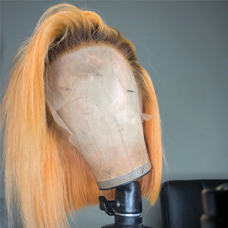 Peruvian Hair Light Orange With Black Root Lace Front Bob Wig