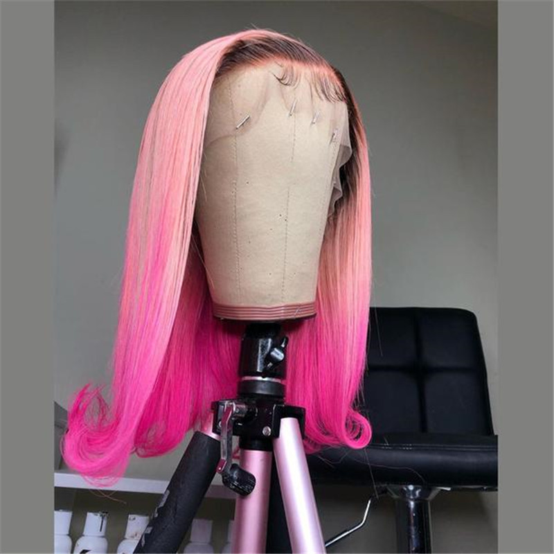 Human Hair Pink Ombre Color Dark Root Lace Front Bob Wig