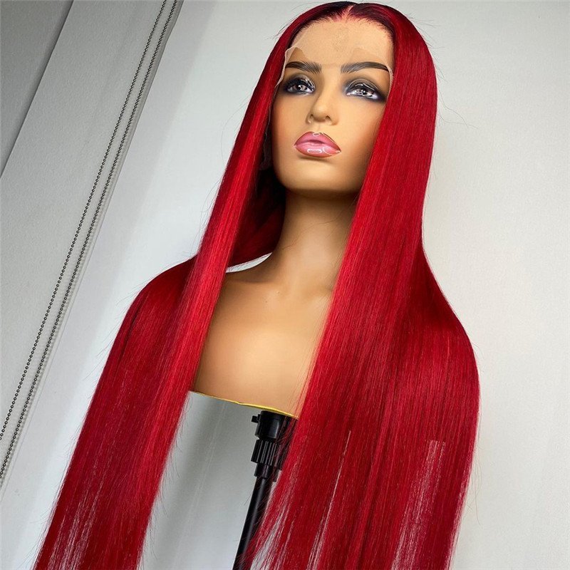 Straight Red Lace Front Human Hair Wigs 99J Brazilian Remy Red Colored Wigs For Women Red Lace Front Wig Bleached Knots 150%