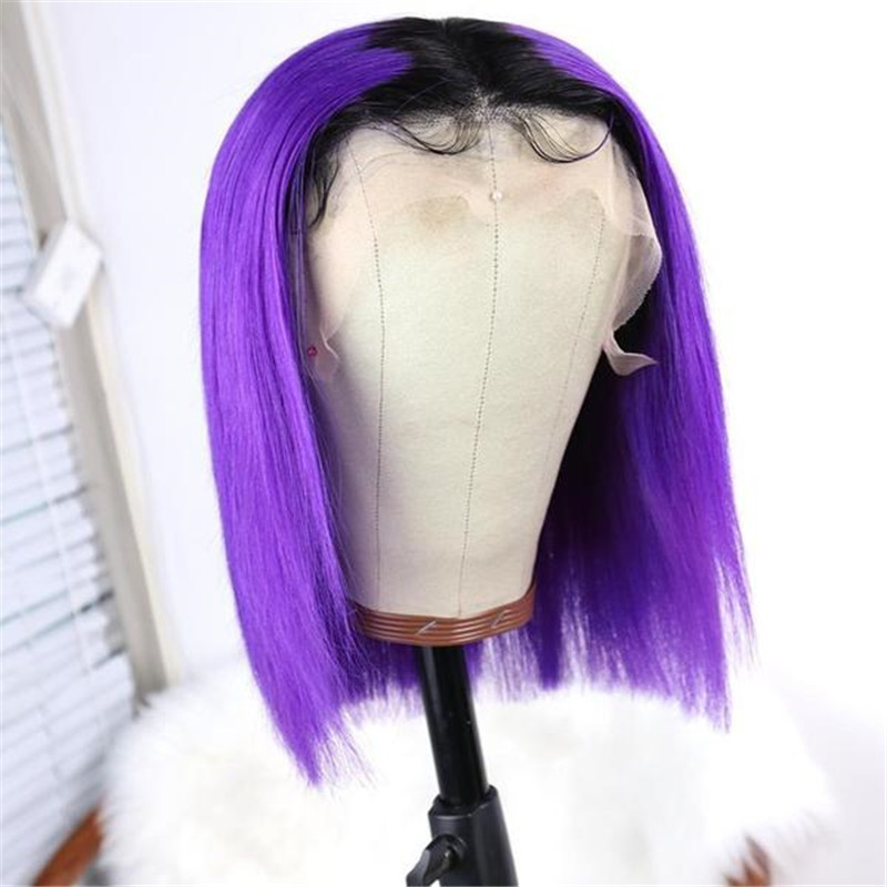 Peruvian Hair Lace Front Purple Color With Dark Root Bob Wig