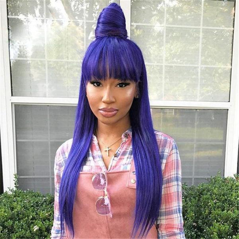 Virgin Peruvian Hair Purple Color Lace Front Wig With Bang