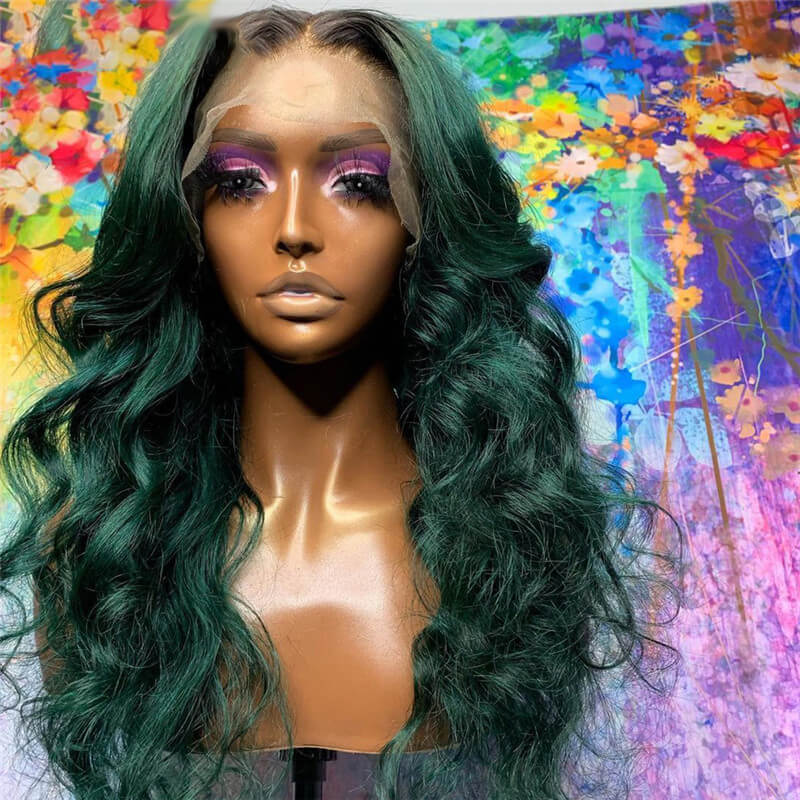 1B Green Colored Human Hair Wigs Brazilian Remy Hair Ombre Lace Front Wig Body Wave Part Lace Wigs For Women Bleached Knots 150%