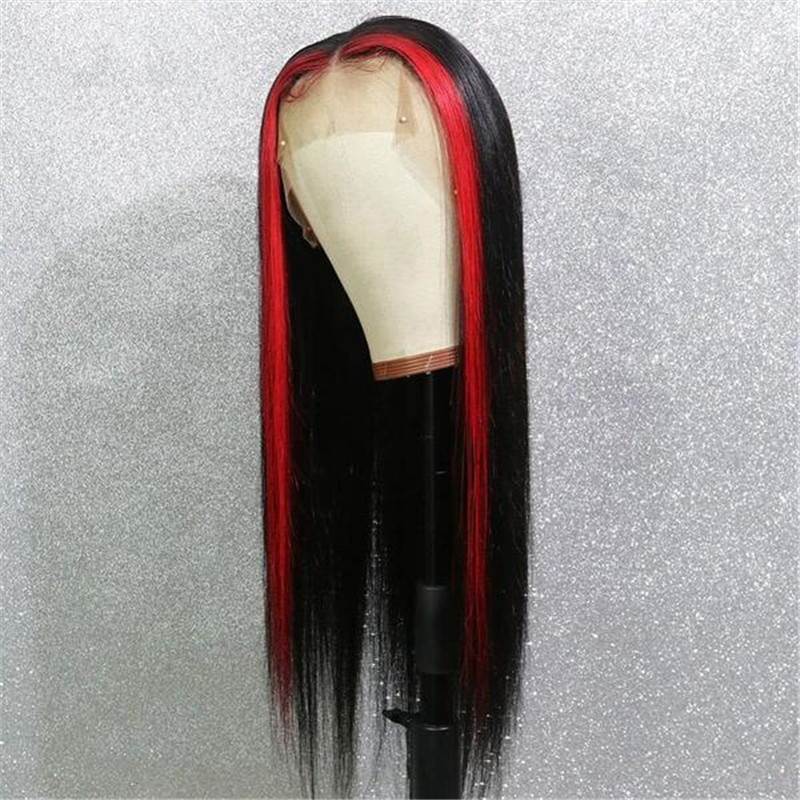 Peruvian Hair Lace Front Black Color Red Streak Highlight Wigs