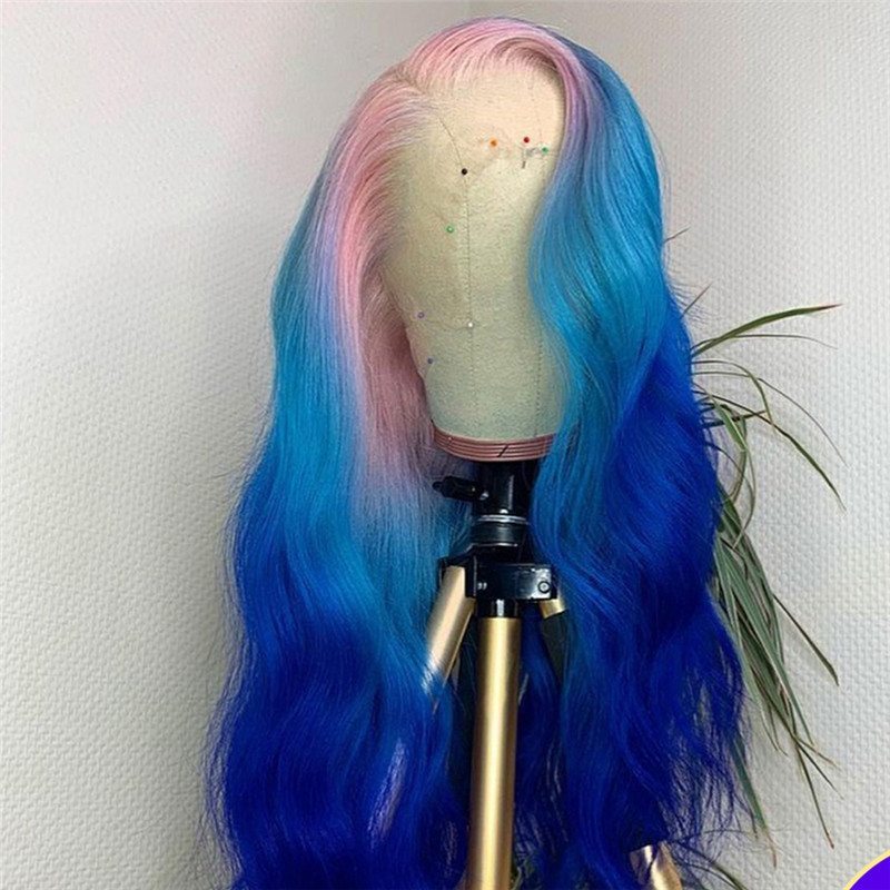 Body Wave Pink Lace Front Human Hair Wigs Brazilian Remy Highlight Colored Lace Front Wigs Ombre Blue Human Hair Lace Wig 150%