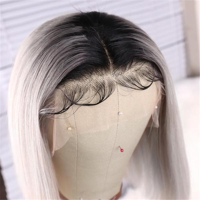 Human Hair Silver Grey With Dark Root Lace Front Bob Wig