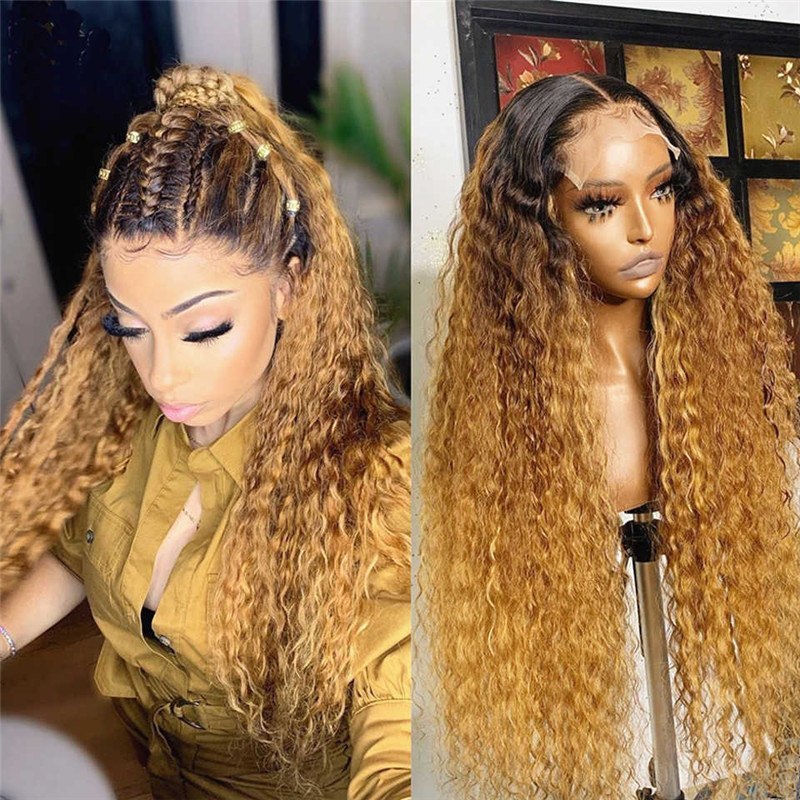 Honey Blonde Human Hair Wigs 13x4 Ombre Colored Curly Lace Front Human Hair Wigs Brazilian Remy Hair Highlight Wig