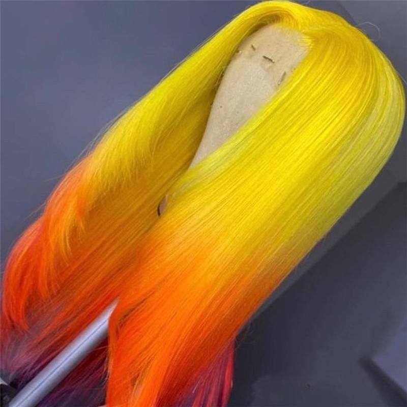 Straight Orange Ombre Colored Human Hair Wigs Bleached Knots Human Hair Wigs Brazilian Green Ombre Lace Front Wig Pre Plucked