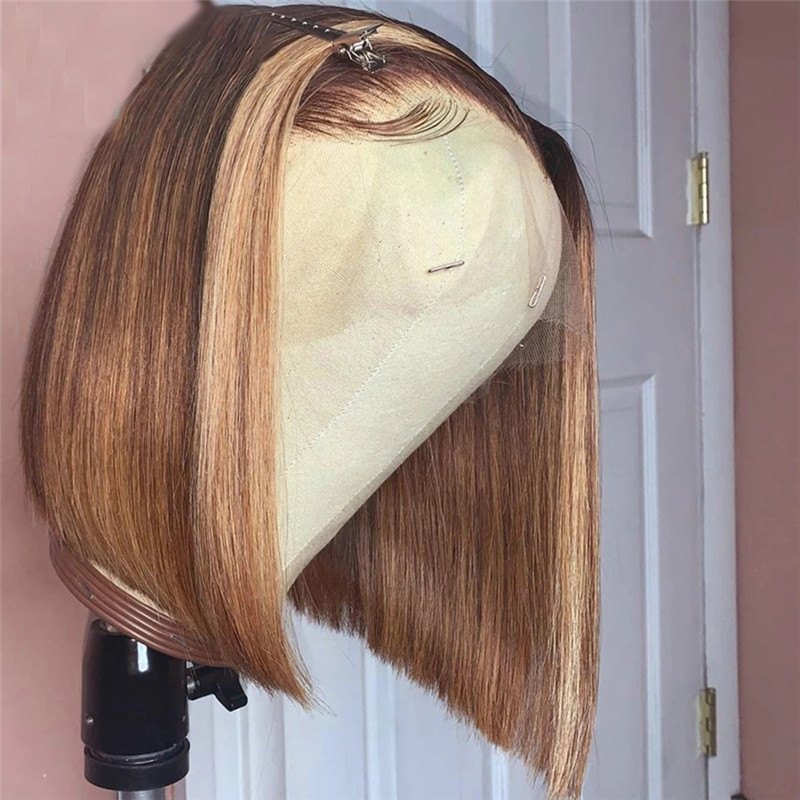 Straight Bob Wig Highlight Wig Human Hair Brazilian Lace Front Human Hair Wigs for Women Honey Blonde Colored Human Hair Wigs