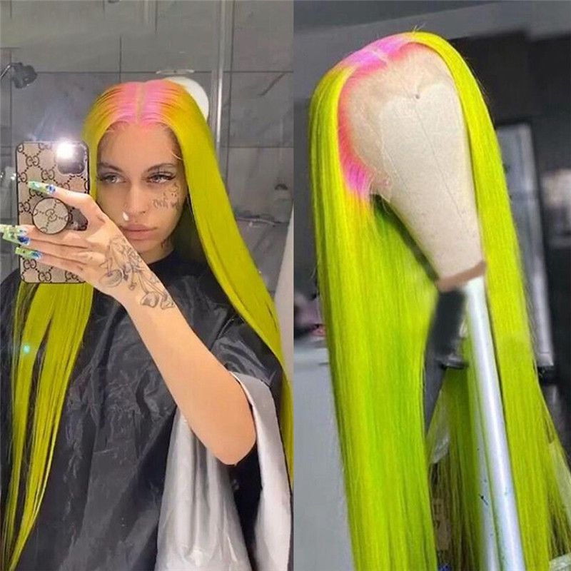 Light Green Straight HD Lace Frontal Wig Brazilian Remy Ombre Colored Human Hair Lace Front Wigs Pink HD Transparent Wig 28inch