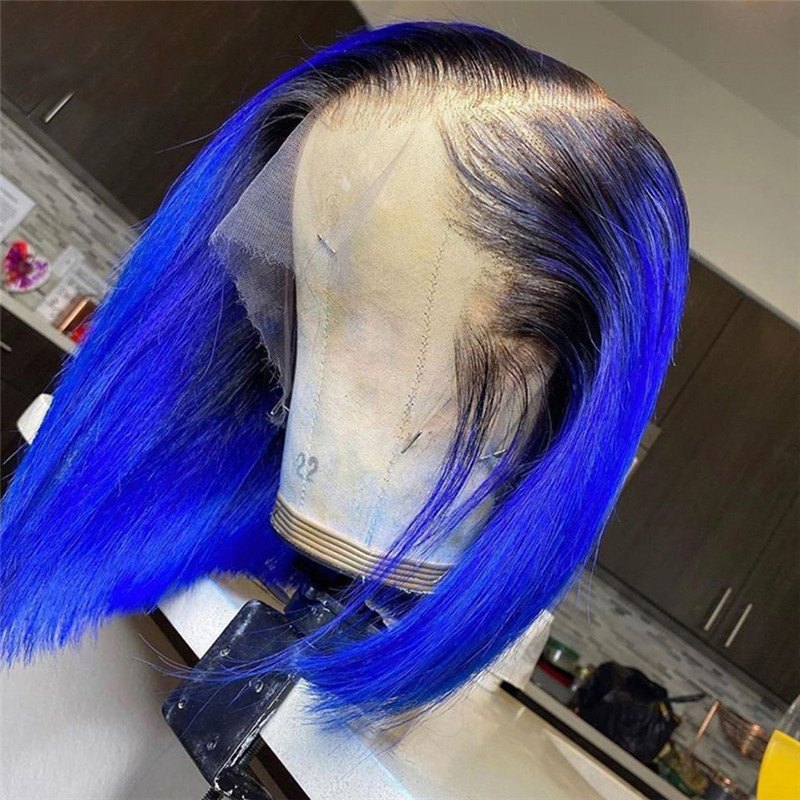 150% Density 1B T Blue Short Bob Human Hair Wigs Transparent Lace Front Wig Brazilian Remy Hair Blue Bob Lace Front Wig Pre Plucked