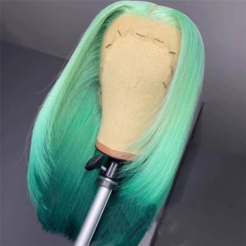 Straight Orange Ombre Colored Human Hair Wigs Bleached Knots Human Hair Wigs Brazilian Green Ombre Lace Front Wig Pre Plucked