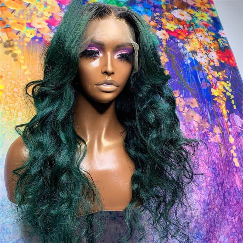 1B Green Colored Human Hair Wigs Brazilian Remy Hair Ombre Lace Front Wig Body Wave Part Lace Wigs For Women Bleached Knots 150%