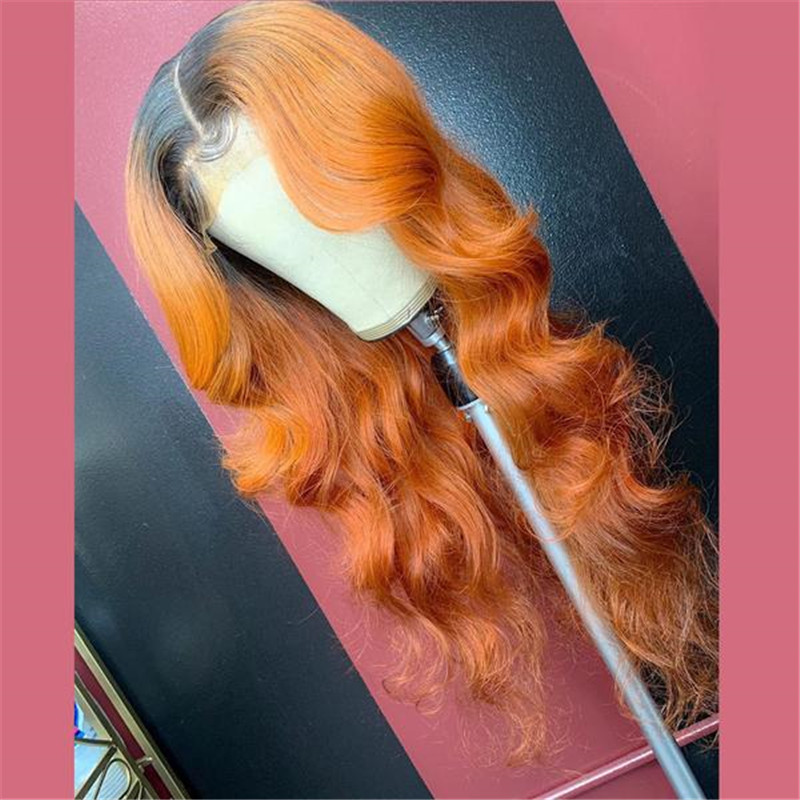 Human Hair Ginger Color With Dark Root Lace Front Wig