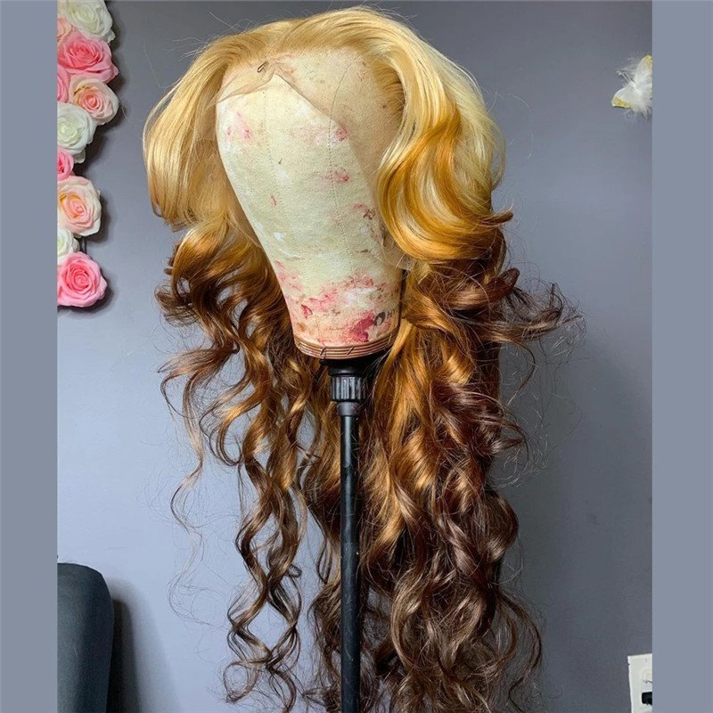 Honey Blonde Ombre Colored Lace Front Human Hair Wigs For Women Brazilian Remy Pre Plucked Body Wave Glueless Highlight Wig