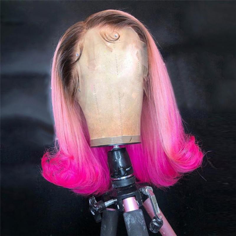 Pink Short Bob Wig Preplucked Lace Part Wig Glueless Brazilian Remy Ombre Human Hair Wig Transparent Lace Wigs For Women 150