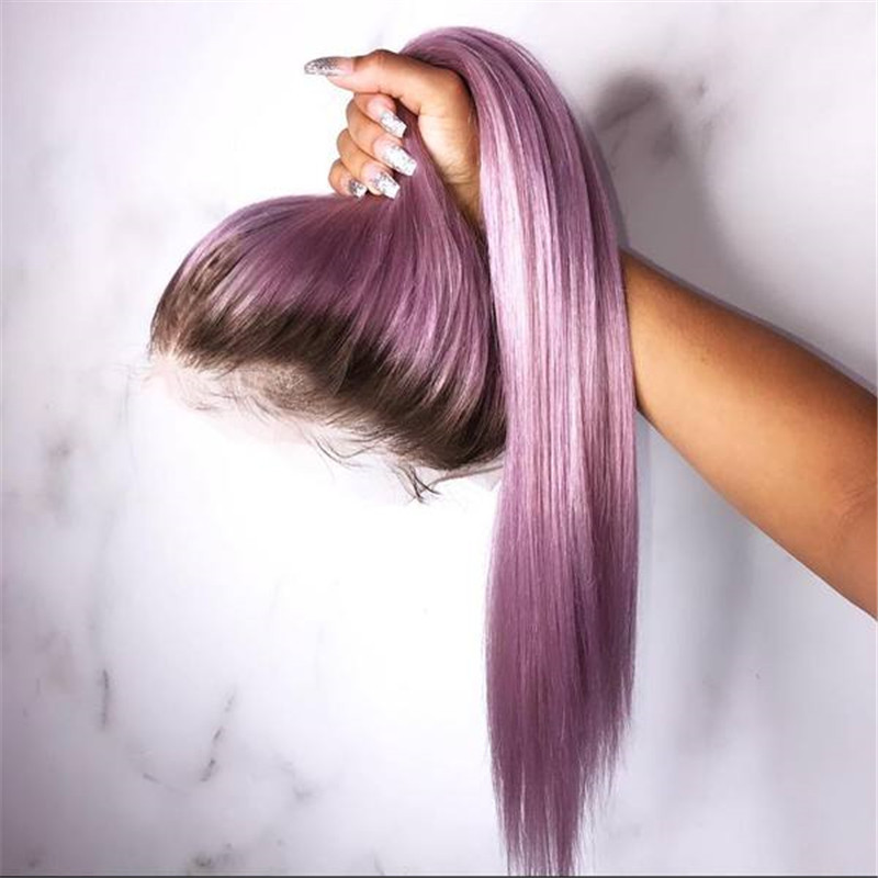 Human Hair Lilac Purple With Dark Root Straight Lace Front Wigs