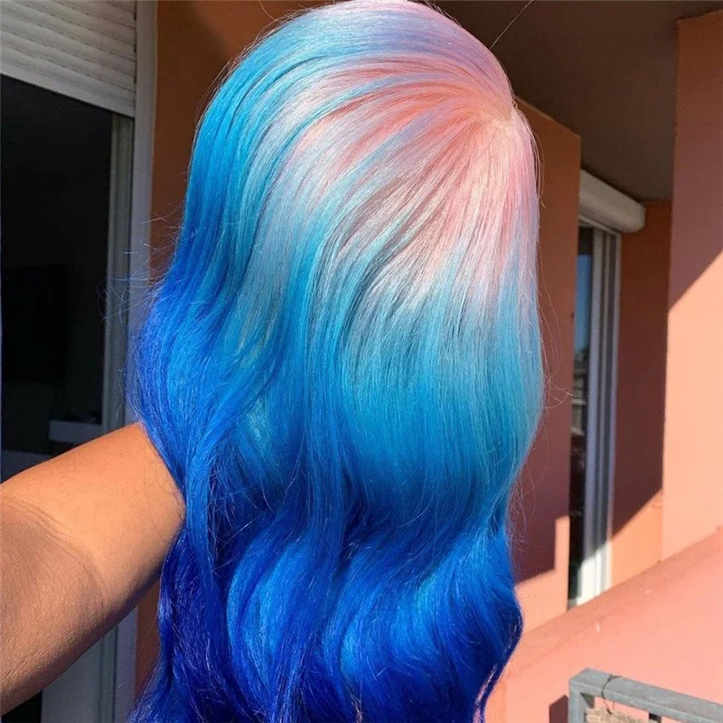 Body Wave Pink Lace Front Human Hair Wigs Brazilian Remy Highlight Colored Lace Front Wigs Ombre Blue Human Hair Lace Wig 150%