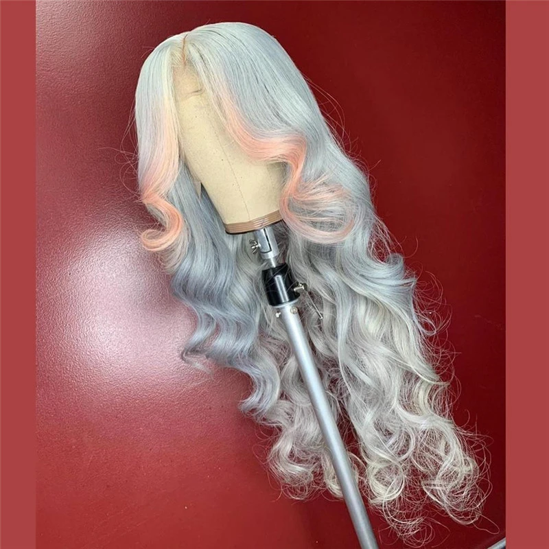 Peruvian Hair Silver Grey Peach Color Highlight Lace Front Wig