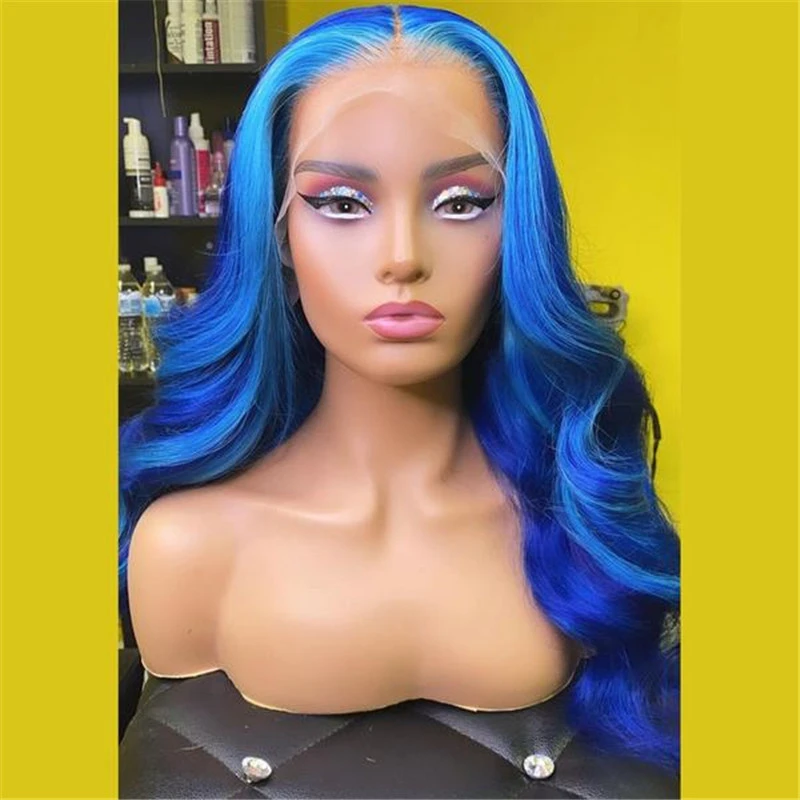 Virgin Human Hair Blue Highlight Lace Front Styled Wig