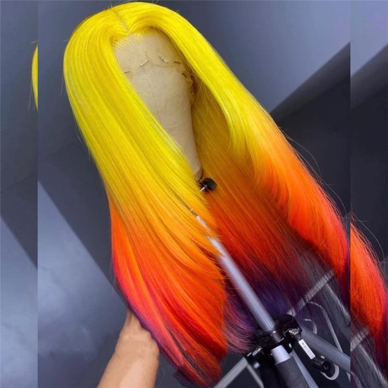 Straight Orange Ombre Colored Human Hair Wigs Bleached Knots Human Hair Wigs Brazilian Green Ombre Lace Front Wig Pre Plucked