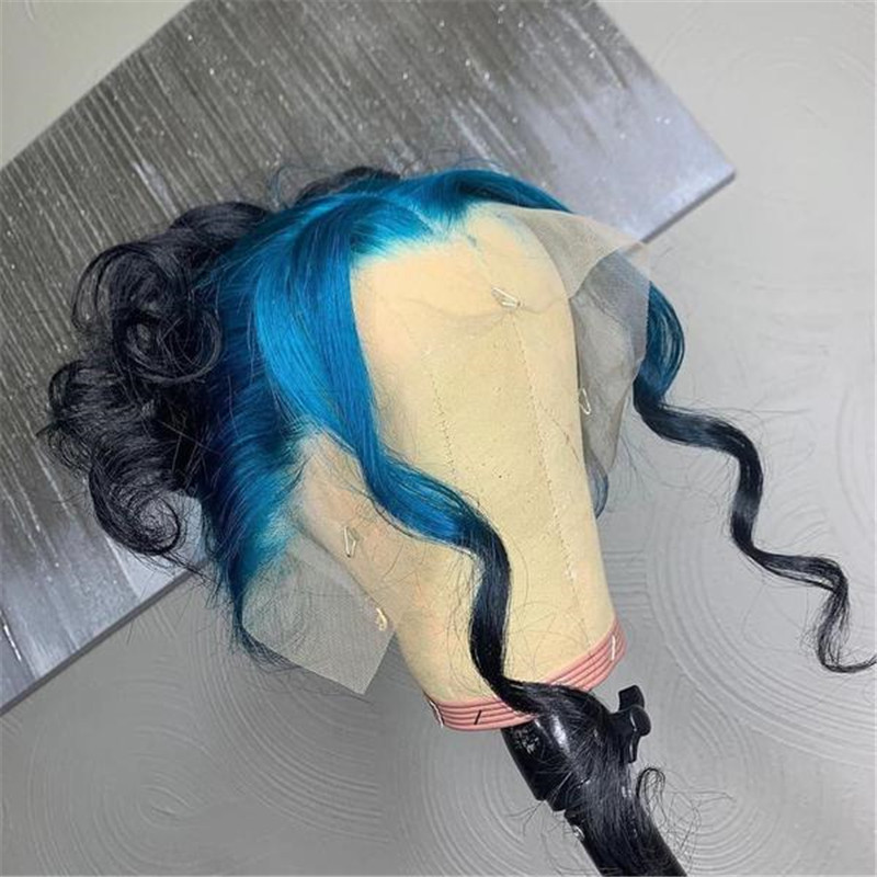 Human Hair Blue And Black Ombre Color Lace Front Wig