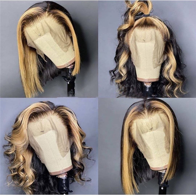 Virgin Human Hair Blond Highlight Lace Front Bob Wig