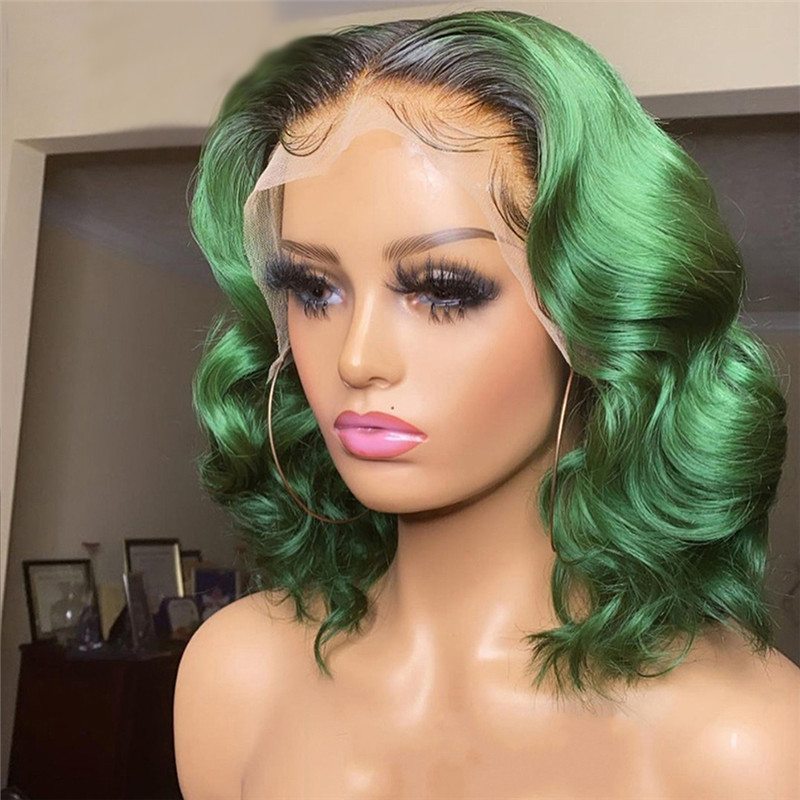 Body Wave Green Ombre Human Hair Wig Brazilian Remy Hair Green Highlight Lace Front Human Hair Wigs For Women Pre Plucked 150%