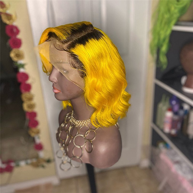 Wavy Bob Yellow Ombre Closure Wig Brazilian Remy Transparent Lace Wigs Colored Human Hair Wigs For Women Preplucked