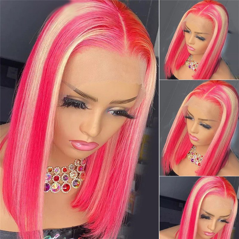 150% Density Red Blonde Highlight Bob Human Hair Wigs Peruvian Hair Bob Blonde Lace Front Wig Transparent Lace Wigs Pre Plucked