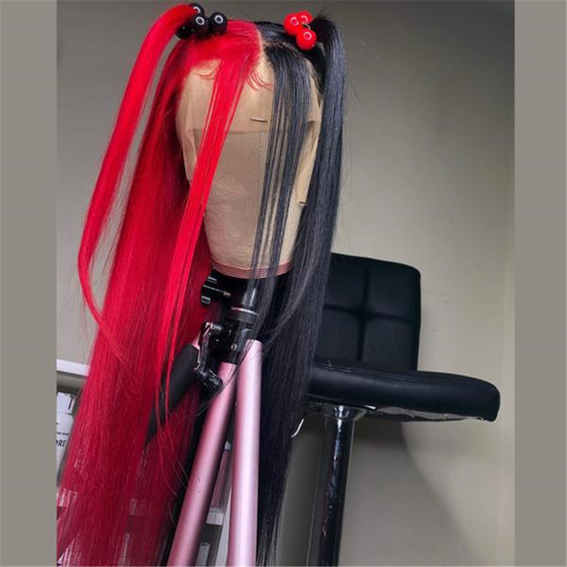 Human Peruvian Hair Half Red Half Black Lace Front Straight Wig