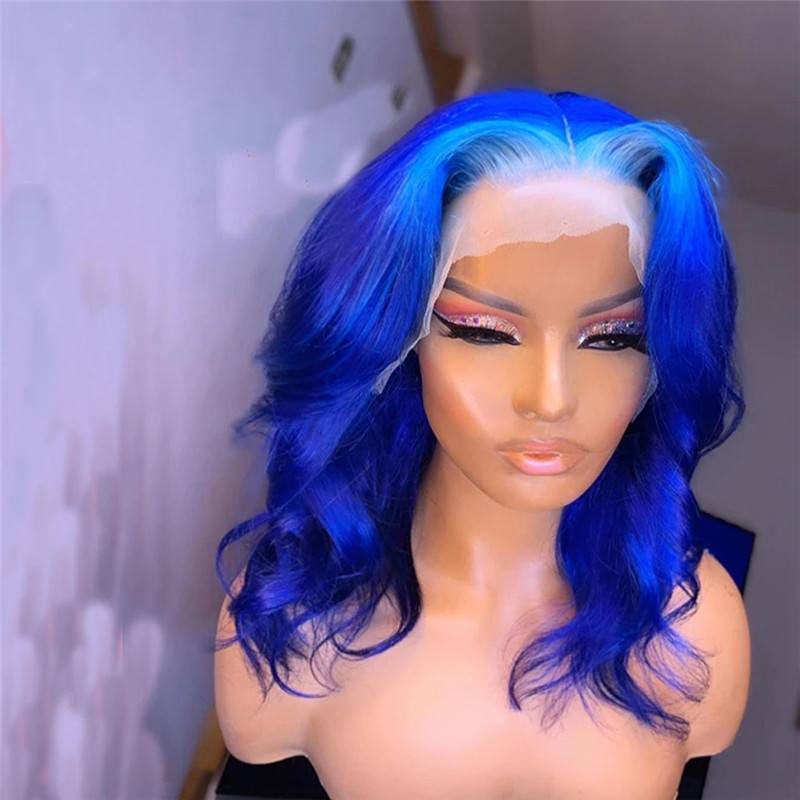 Bob Wavy Blue Wig Brazilian Remy Hair Blue Human Hair Lace Wig Bob Ombre Human Hair Wigs For Women Transparent Lace Wigs 150%