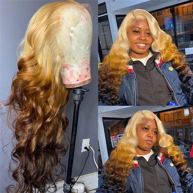 Honey Blonde Ombre Colored Lace Front Human Hair Wigs For Women Brazilian Remy Pre Plucked Body Wave Glueless Highlight Wig