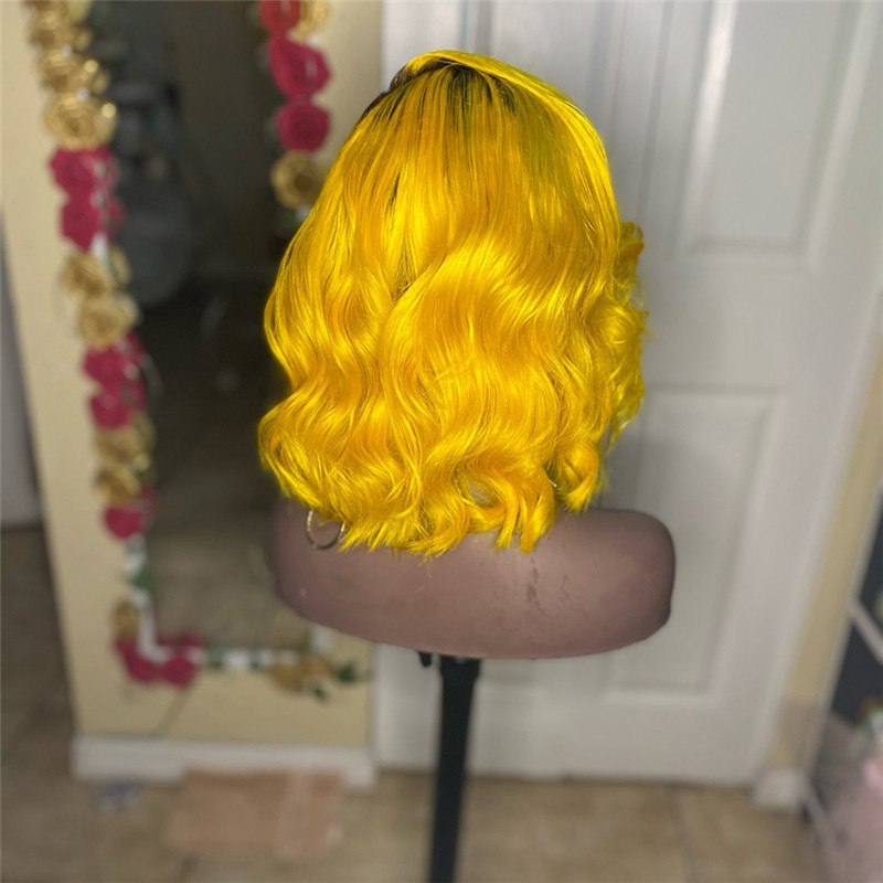 Wavy Bob Yellow Ombre Closure Wig Brazilian Remy Transparent Lace Wigs Colored Human Hair Wigs For Women Preplucked