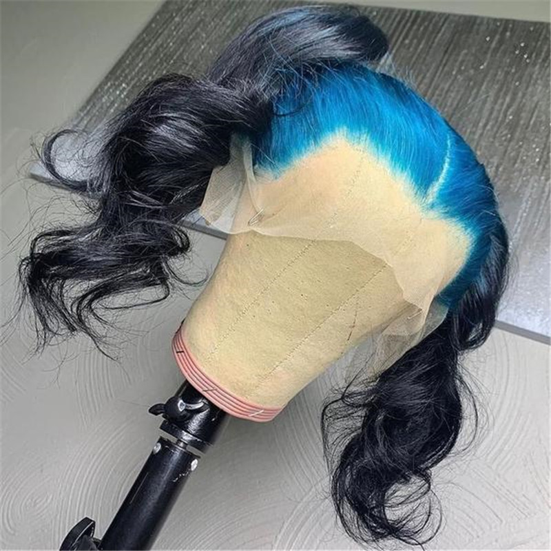 Human Hair Blue And Black Ombre Color Lace Front Wig