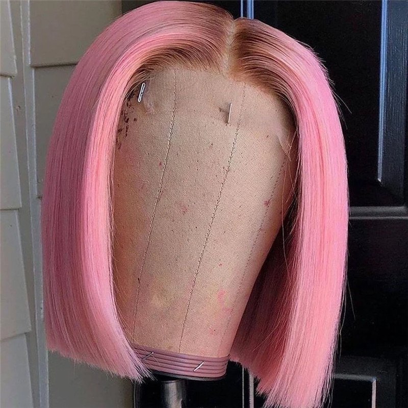 Purple Pink Ombre Lace Front Wig Straight Bob Wigs For Women Brazilian Remy Transparent Lace Wigs 1B/Pink Colored Bob Wig 150%