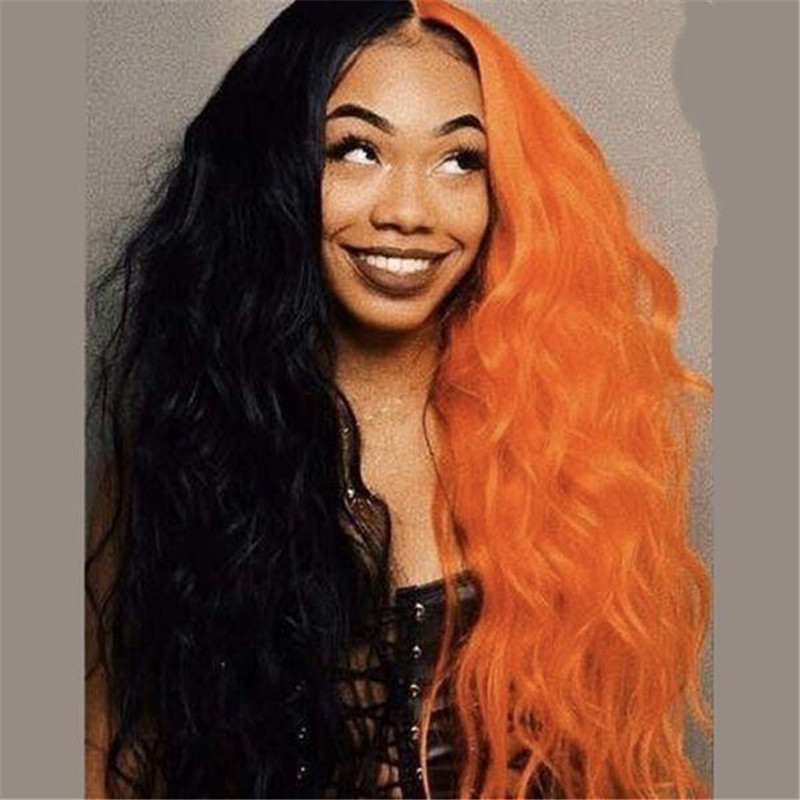 Peruvian Hair Wig Half Black Half Orange Color Body Wavy