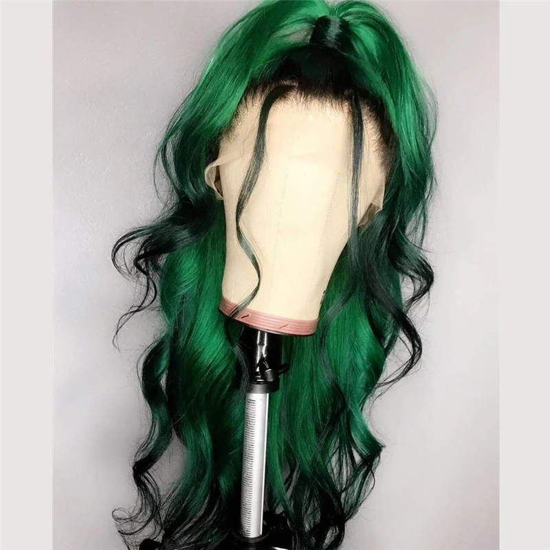 Human Hair Green Ombre With Dark Root Lace Front Wig