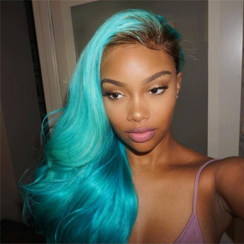 Peruvian Hair Black Root Ocean Blue Color Lace Front Wig