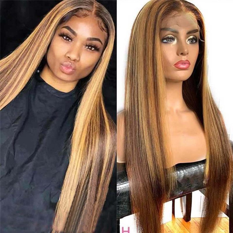 Ombre Straight Lace Front Wig Highlight 28Inch Lace Front Wig Brazilian Remy Highlight Wig Honey Brown Colored Human Hair Wigs