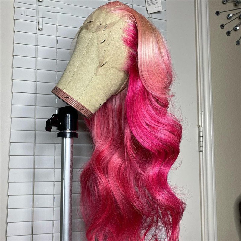 Body Wave Pink Ombre Colored Lace Front Wig Peruvian Remy Straight Human Hair Wigs For Women Wavy Highlight Human Hair Wig 150%
