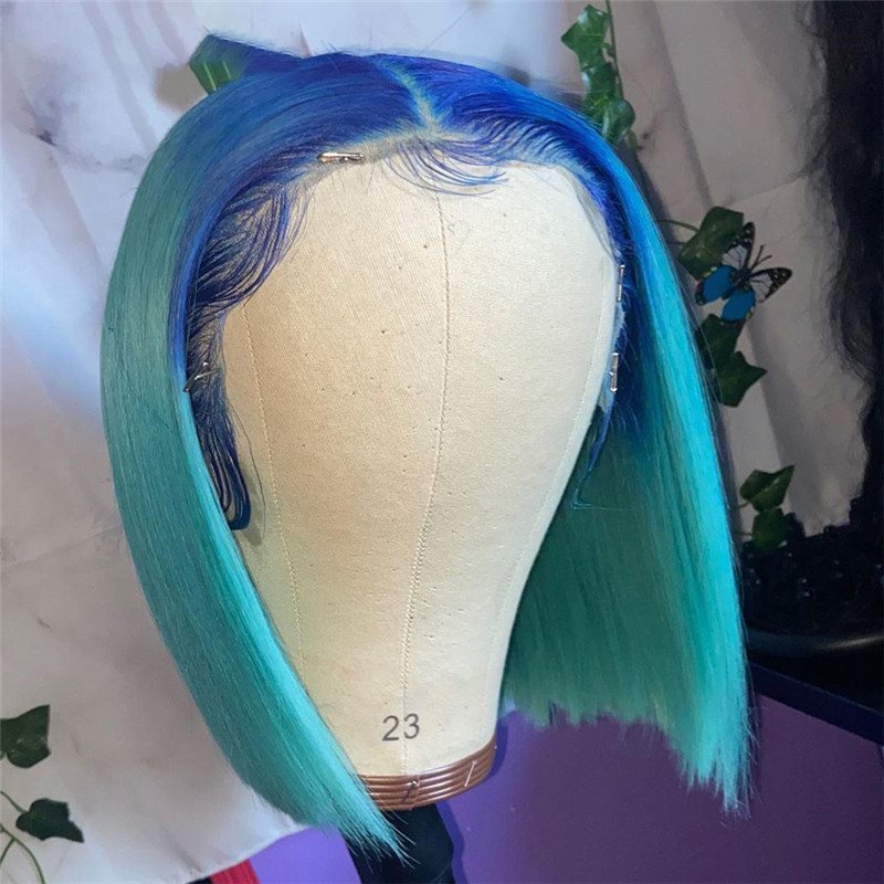 150% Straight Pink Ombre Bob Lace Front Wig Brazilian Remy Blue Bob Colored Human Hair Wigs For Women Transparent Lace Wigs