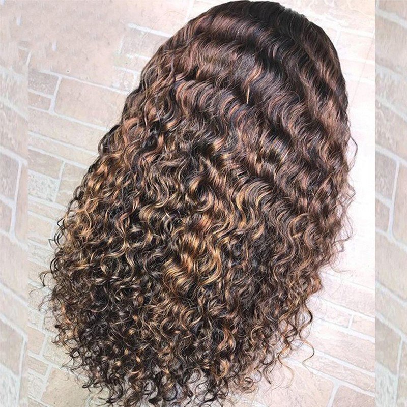 Curly Human Hair Wig Brazilian Highlight Wig Brown Ombre Deep Curly Lace Front Wig 150% Density  Curly Wigs For Women Pre Plucked