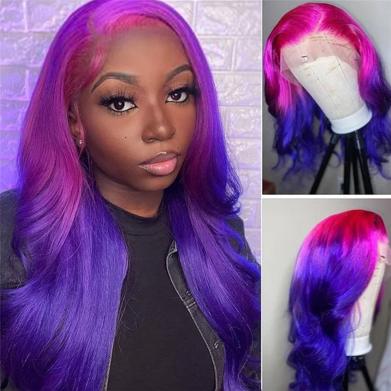 150% Density Purple Red Glueless Colored Human Hair Wigs For Women Brazilian Body Wave Ombre Lace Front Wig Bleached Knots