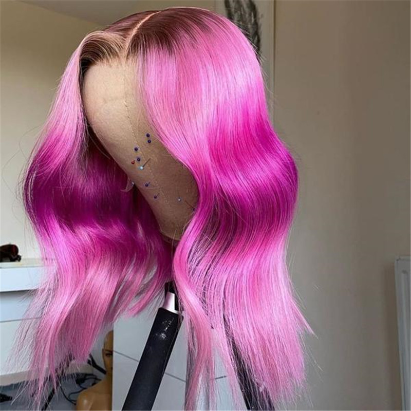 Peruvian Hair Pink Ombre Color Black Root Lace Front Wig